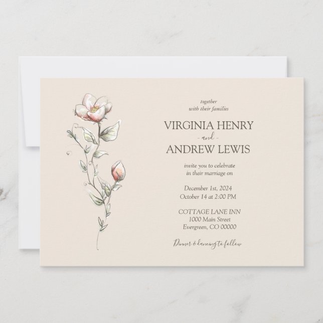  Watercolor wild rose Wedding Invitation  (Front)
