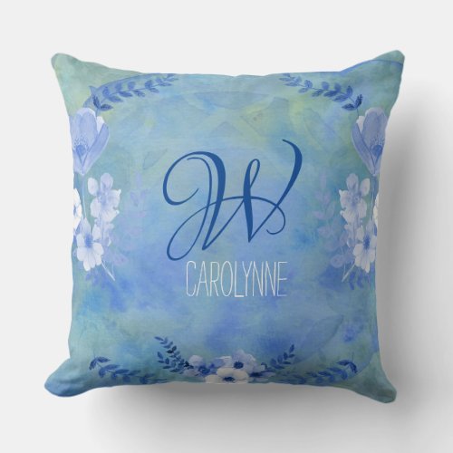 Watercolor Wild Roses Blue Yellow Painterly Flower Throw Pillow