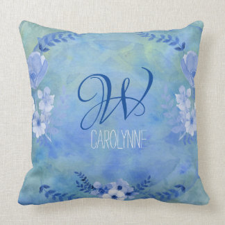 Watercolor Wild Roses Blue Yellow Painterly Flower Throw Pillow