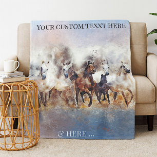 Watercolor Wild Running Horses Fleece Blanket