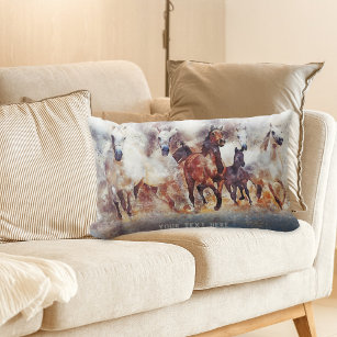 Watercolor Wild Running Horses Lumbar Pillow