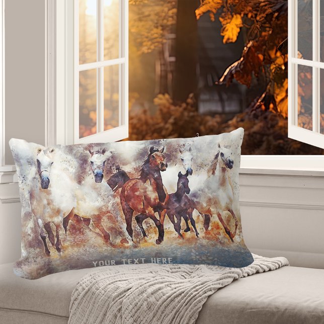Watercolor Wild Running Horses Lumbar Pillow (Pillow featuring a watercolor image of wild running horses)