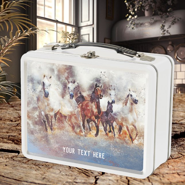 Watercolor Wild Running Horses Metal Lunch Box (Lunch Box featuring a watercolor image of wild running horses)