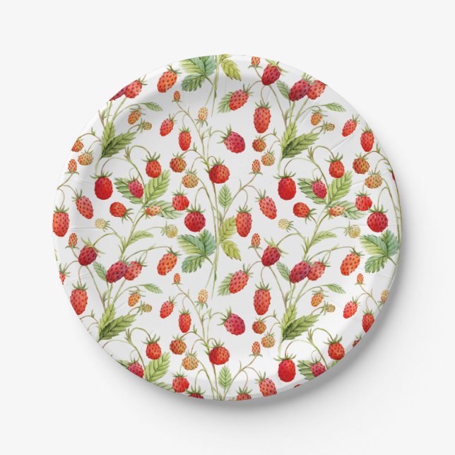 Watercolor Wild Strawberry Pattern  Paper Plates (Front)