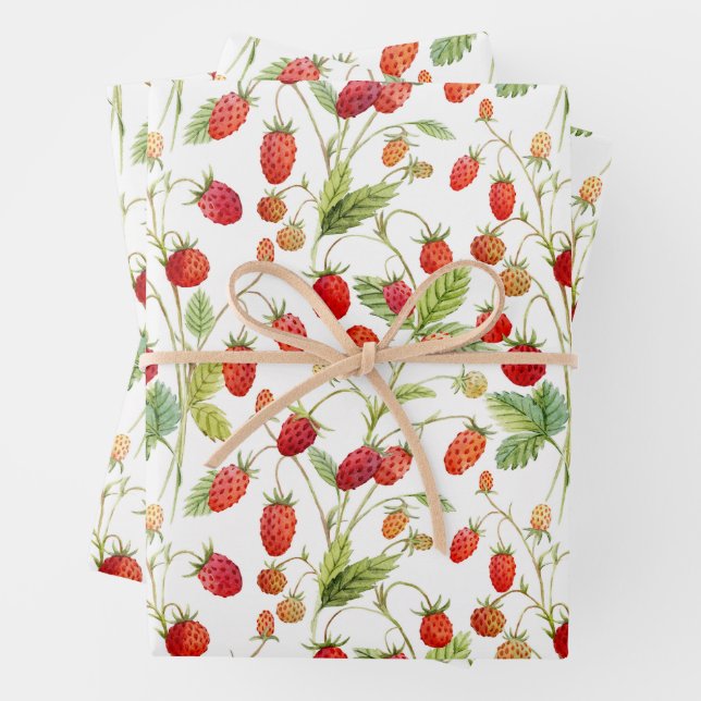 Watercolor Wild Strawberry Pattern Wrapping Paper Sheets (In situ)
