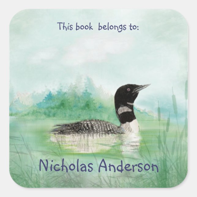 Watercolor Wilderness Bird Common Loon art Square Sticker (Front)