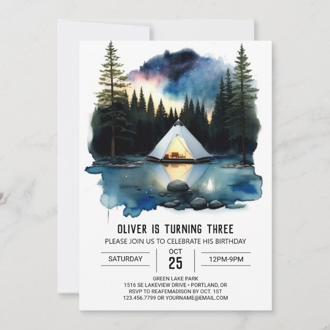 Watercolor Wilderness Camper Birthday Invitation (Front)