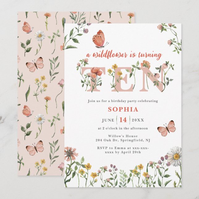 Watercolor Wildflower 10th Birthday  Invitation (Front/Back)