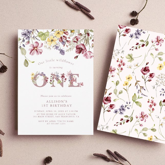 Watercolor Wildflower 1st Birthday Mauve Girl  Invitation (Creator Uploaded)
