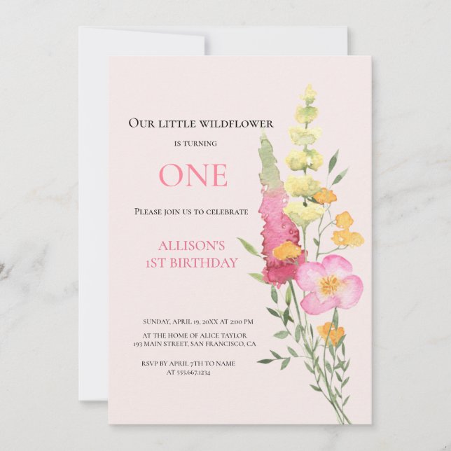 Watercolor Wildflower 1st Birthday Mauve Girl  Invitation (Front)