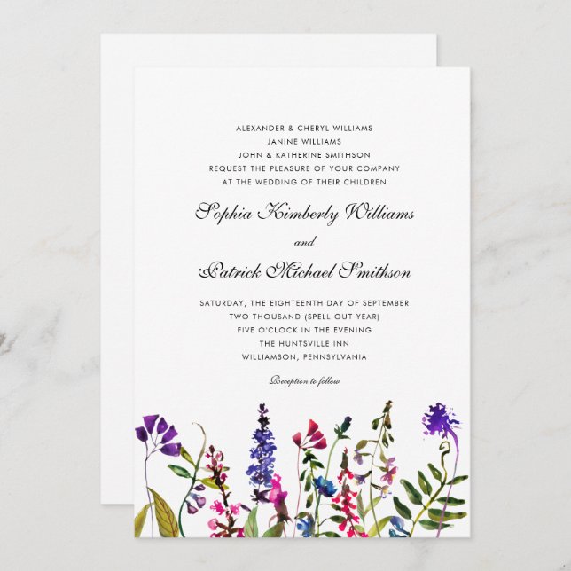Watercolor Wildflower | 3 sets parents wedding  Invitation (Front/Back)
