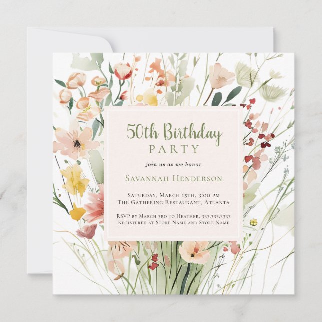 Watercolor Wildflower 50th Birthday Party Invitation (Front)