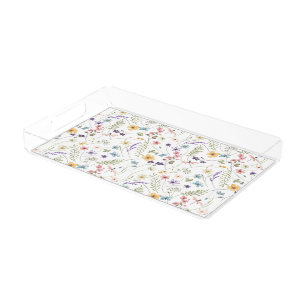 Watercolor Wildflower And Butterflies Pattern Acrylic Tray