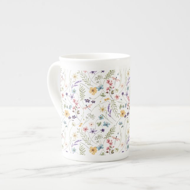 Watercolor Wildflower And Butterflies Pattern  Bone China Mug (Front Left)