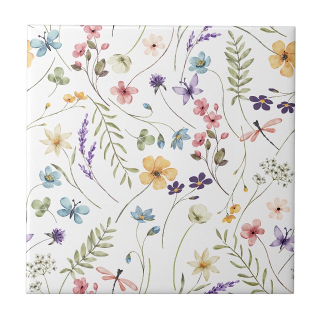 Watercolor Wildflower And Butterflies Pattern  Ceramic Tile (Front)