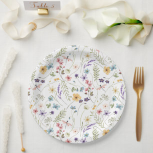 Watercolor Wildflower And Butterflies Pattern Paper Plates