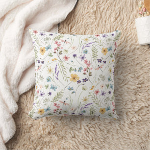 Watercolor Wildflower And Butterflies Pattern Throw Pillow
