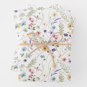 Watercolor Wildflower And Butterflies Pattern  Wrapping Paper Sheets