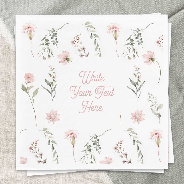 Watercolor Wildflower and greenery all-occasion Napkins (Watercolor Pink Wildflower and Sage Green Greenery All-Occasion Paper Napkins.)
