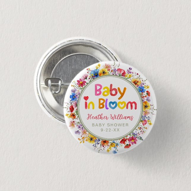 Watercolor Wildflower Baby in Bloom Baby Shower Button (Front & Back)