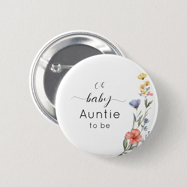 Watercolor Wildflower Baby Shower Auntie-to-be Button (Front & Back)