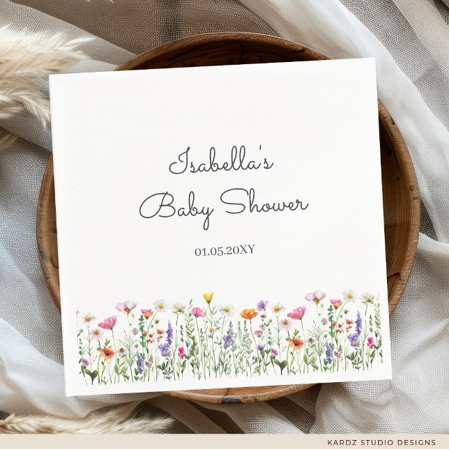 Watercolor Wildflower Baby Shower Napkins (Standard Cocktail style is shown, personalize your baby shower napkins before checkout.)