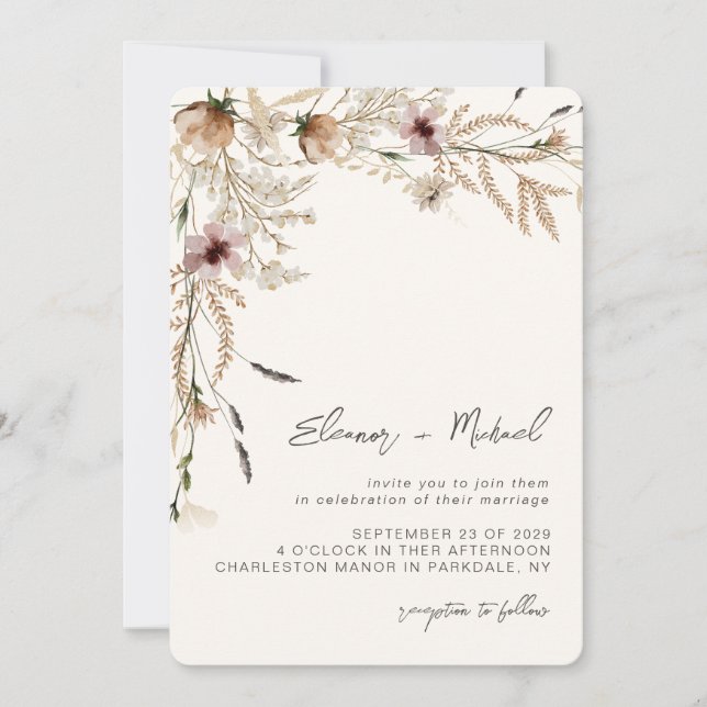 Watercolor Wildflower Beige Wedding Invitation (Front)