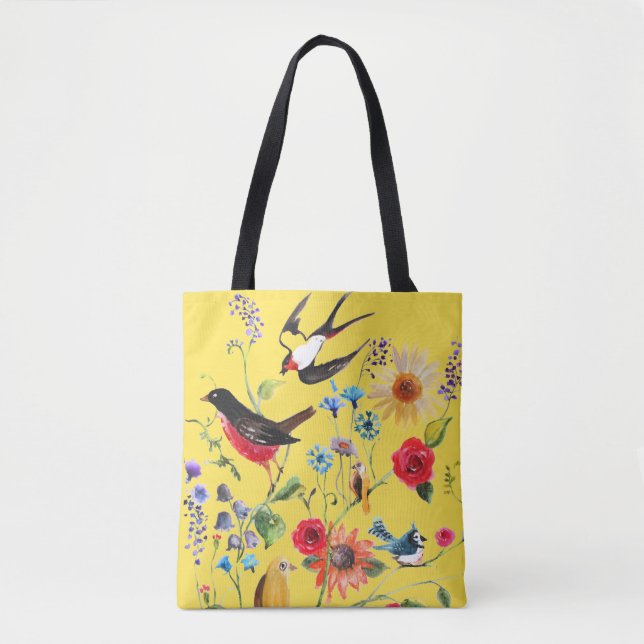 Watercolor Wildflower Birds Tote Bag (Front)