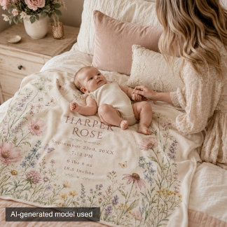 Watercolor Wildflower Birth Stats Baby Blanket