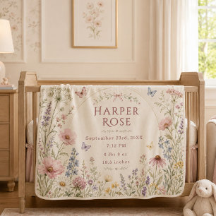 Watercolor Wildflower Birth Stats Baby Blanket