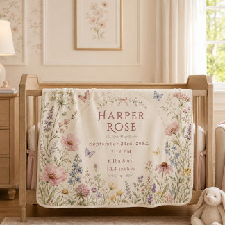 Watercolor Wildflower Birth Stats Baby Blanket