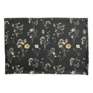 Watercolor Wildflower Black Botanical Delicate Pillow Case
