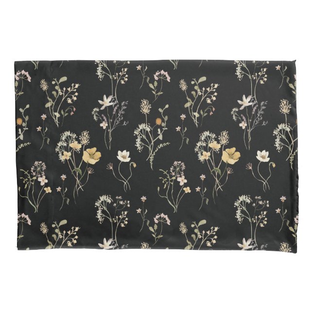 Watercolor Wildflower Black Botanical Delicate Pillow Case (Front)