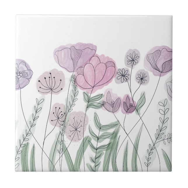 Watercolor Wildflower Blooms Ceramic Tile (Front)