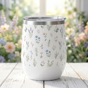 Watercolor Wildflower Blue Lavender Boho Cottage Thermal Wine Tumbler