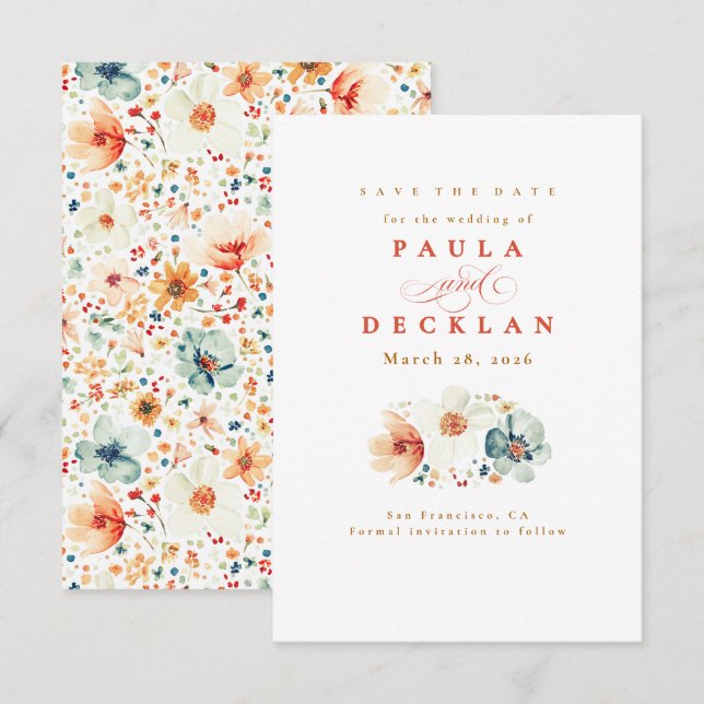 Watercolor Wildflower Boho Earthy Save the Date (Front/Back)