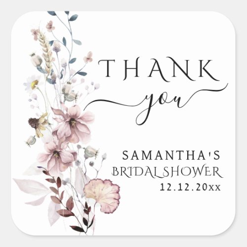 Watercolor Wildflower boho minimalist Bridal Showe Square Sticker