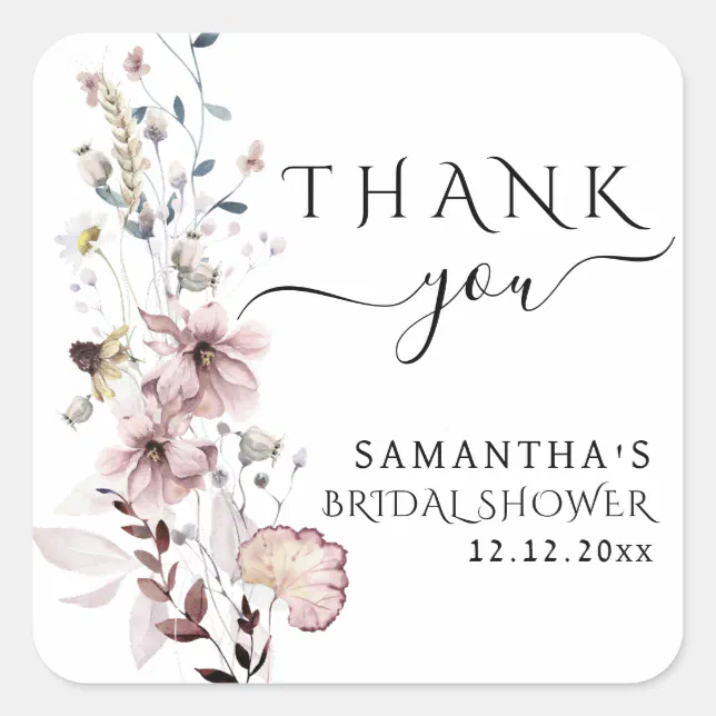 Watercolor Wildflower boho minimalist Bridal Showe Square Sticker | Zazzle