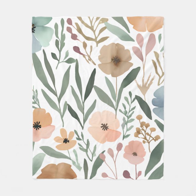 Watercolor Wildflower Boho Soft Pastel Spring  Fleece Blanket (Front)