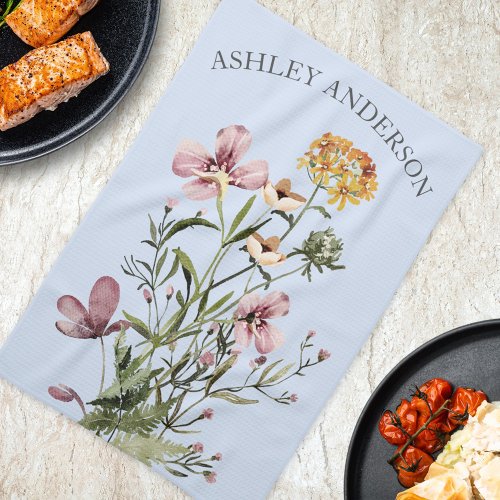 Watercolor Wildflower Bouquet 1 Personalized name Kitchen Towel