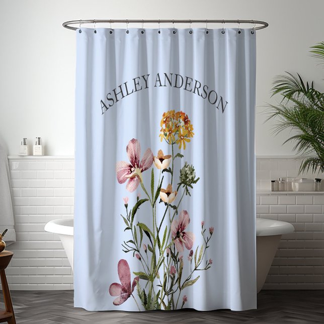 Watercolor Wildflower Bouquet #1 Personalized name Shower Curtain (In situ bathroom)