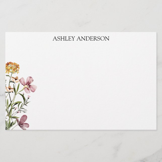 Watercolor Wildflower Bouquet #1 Personalized Name Stationery (Front)
