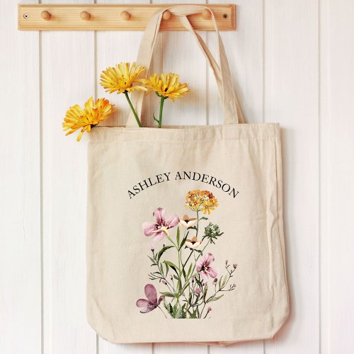Watercolor Wildflower Bouquet 1 Personalized name Tote Bag