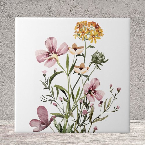 Watercolor Wildflower Bouquet Ceramic Tile
