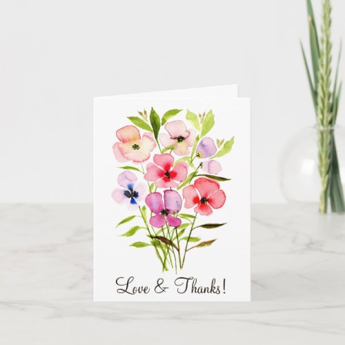 Watercolor Wildflower Bouquet with Photo Wedding Thank You Card