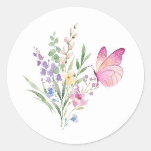 Watercolor Wildflower Bouquet with Pink Butterfly Classic Round Sticker
