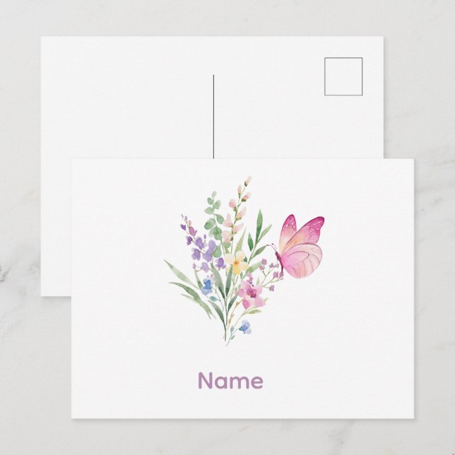 Watercolor Wildflower Bouquet with Pink Butterfly Postcard (Front/Back)