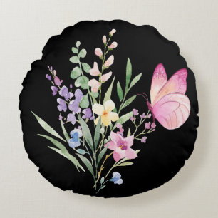 Watercolor Wildflower Bouquet with Pink Butterfly Round Pillow