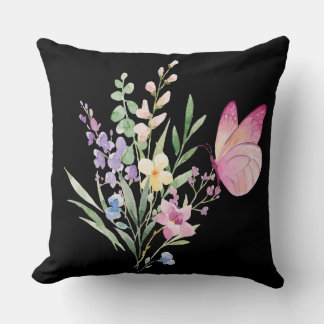 Watercolor Wildflower Bouquet with Pink Butterfly Throw Pillow