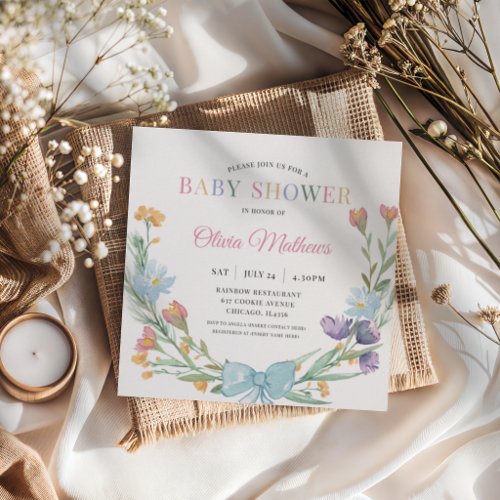Watercolor Wildflower Bow Baby Shower  Invitation
